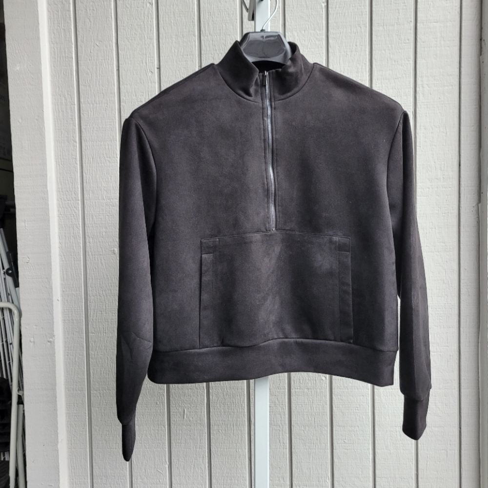 Black Faux Suede Half Zip Pullover Jacket Sweatshirt NEW Front Pocket Tahari - Picture 7 of 11